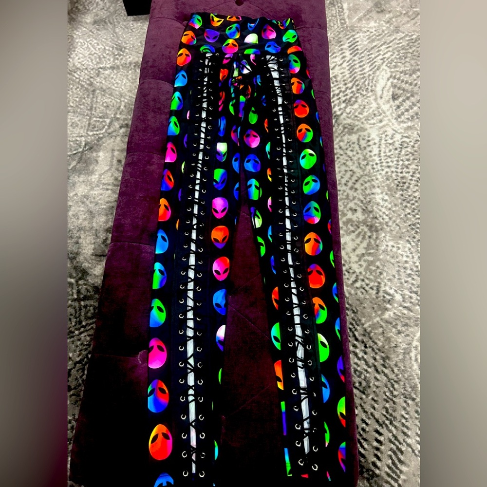 Colorful Alien Print and lace up Leggings by Little Black Diamond